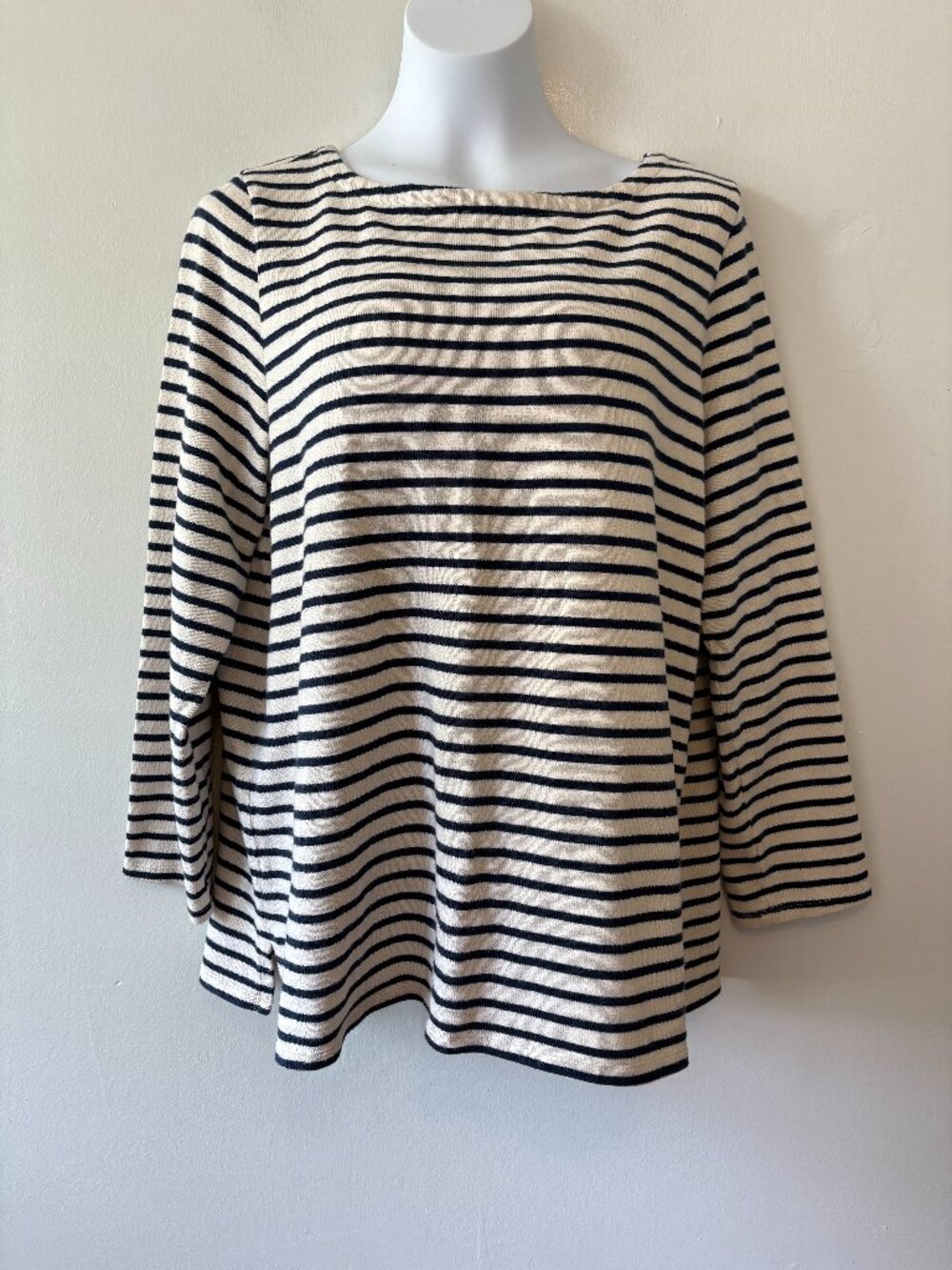 Eileen Fisher Ivory Navy Blue Striped Organic Cotton Sweater Size Large